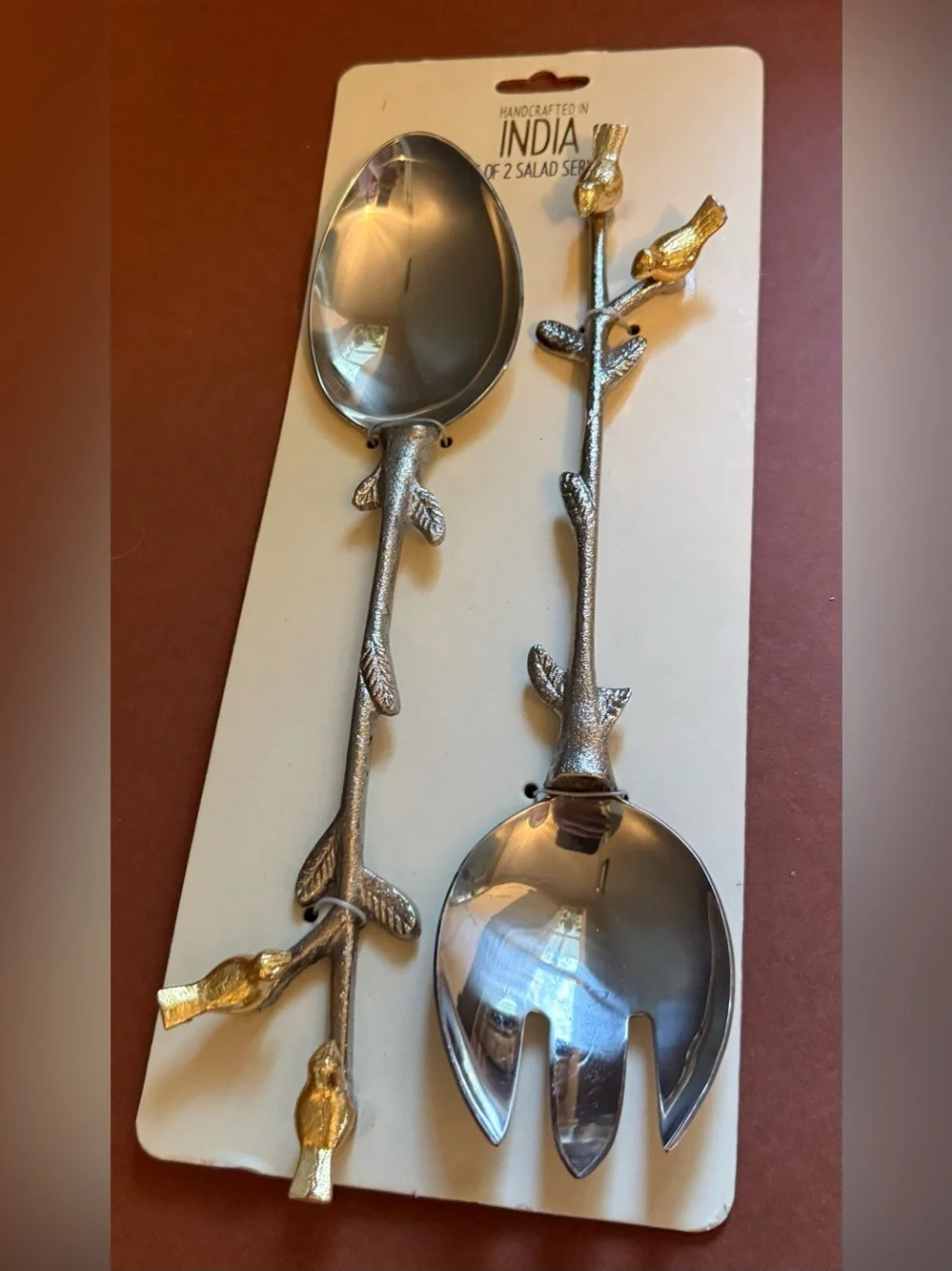Handcrafted in India Silver and Gold Branch-Style Salad Servers Set